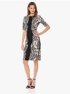 Gabby Skye Black Dress with Cream Paisley Accents - Midi Sheath